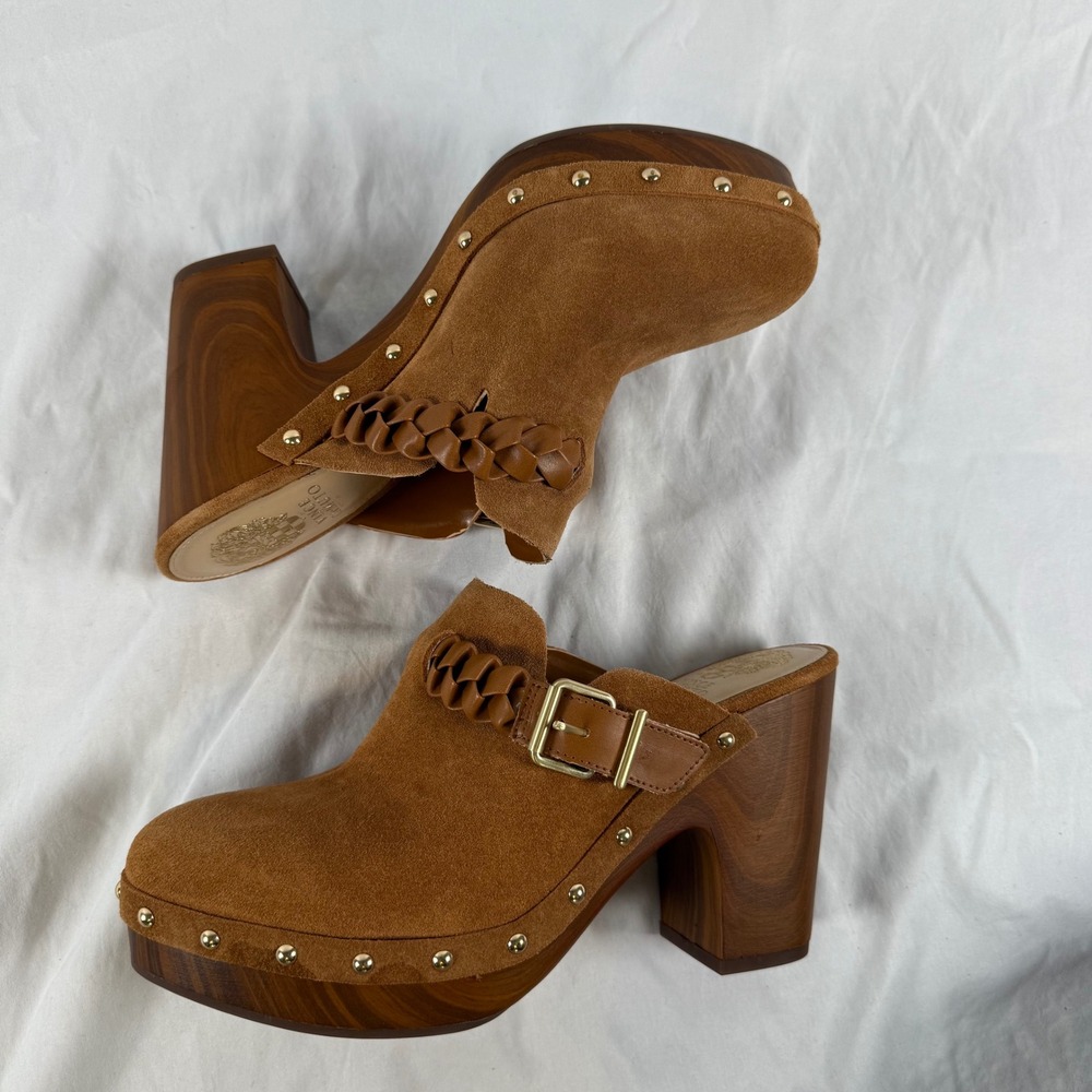 Vince Camuto Crashell Tan Suede Platform Clogs Braided Buckle Mules Studded 9.5 - Picture 8 of 9